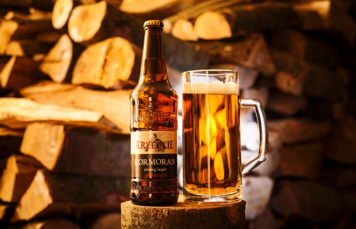 Butelka piwa i kufel na drewnianym pieńku