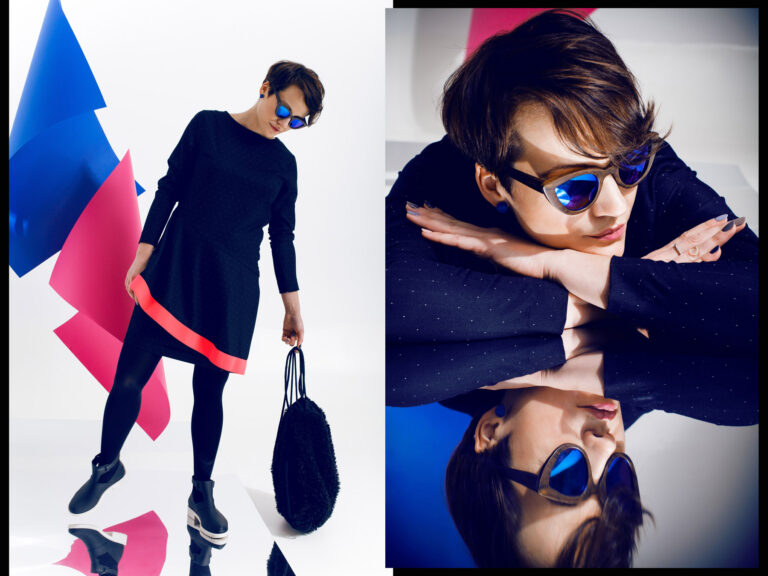 Kolaż zdjęć kobiety w kolorowych ubraniach i okularach