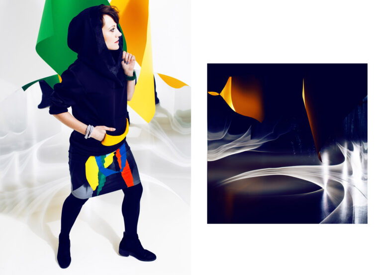 Zdjęcie kobiety w kolorowych ubraniach i okularach